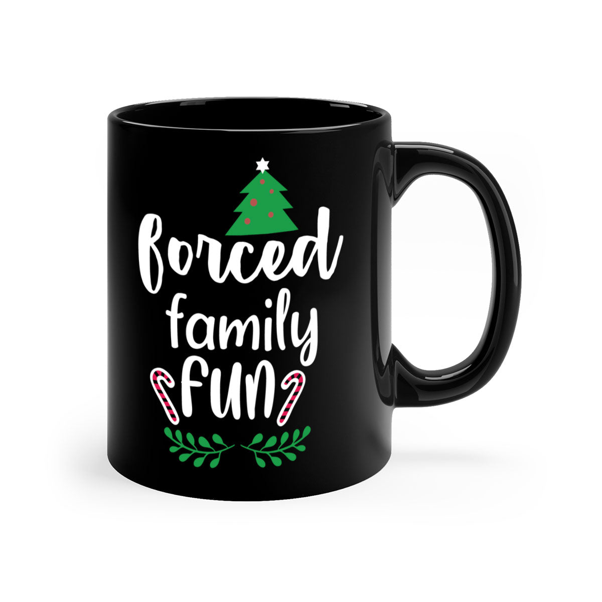 Forced Family Fun Style 213# Christmas Mug with colorful handle and glossy finish, perfect for coffee or tea.
