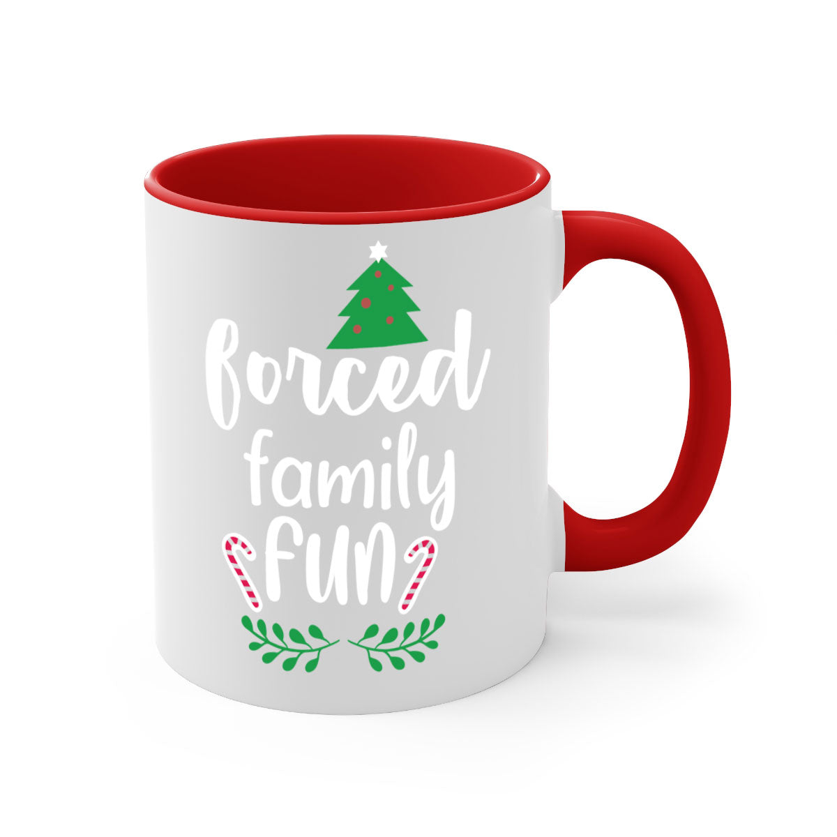 Forced Family Fun Style 213# Christmas Mug with colorful handle and glossy finish, perfect for coffee or tea.