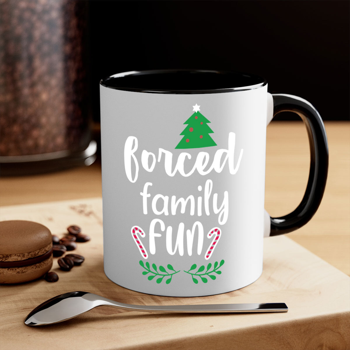 Forced Family Fun Style 213# Christmas Mug with colorful handle and glossy finish, perfect for coffee or tea.