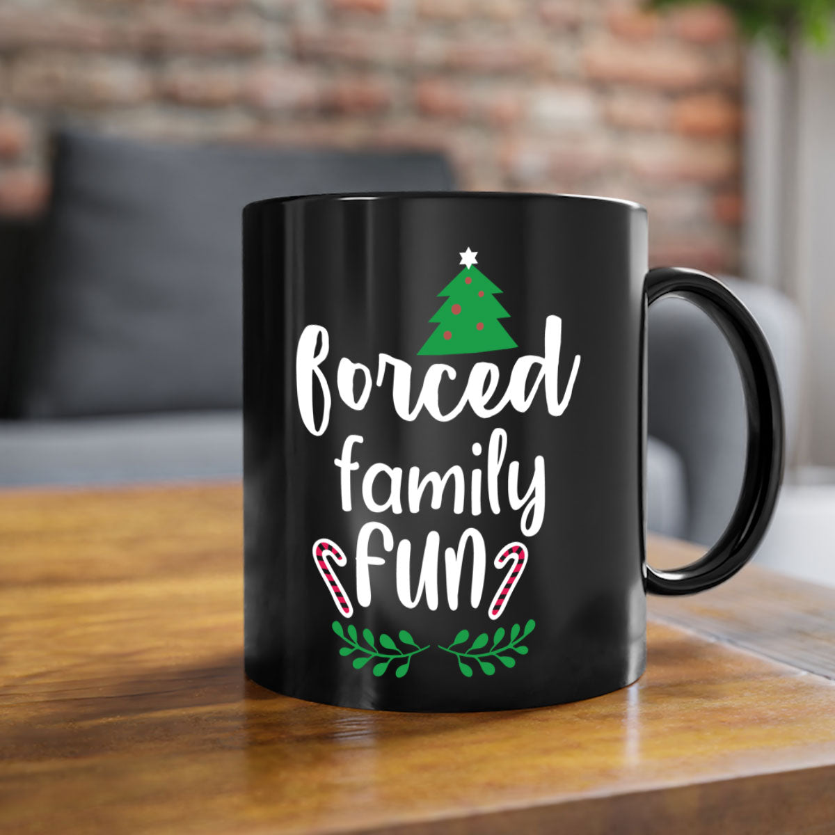 Forced Family Fun Style 213# Christmas Mug with colorful handle and glossy finish, perfect for coffee or tea.