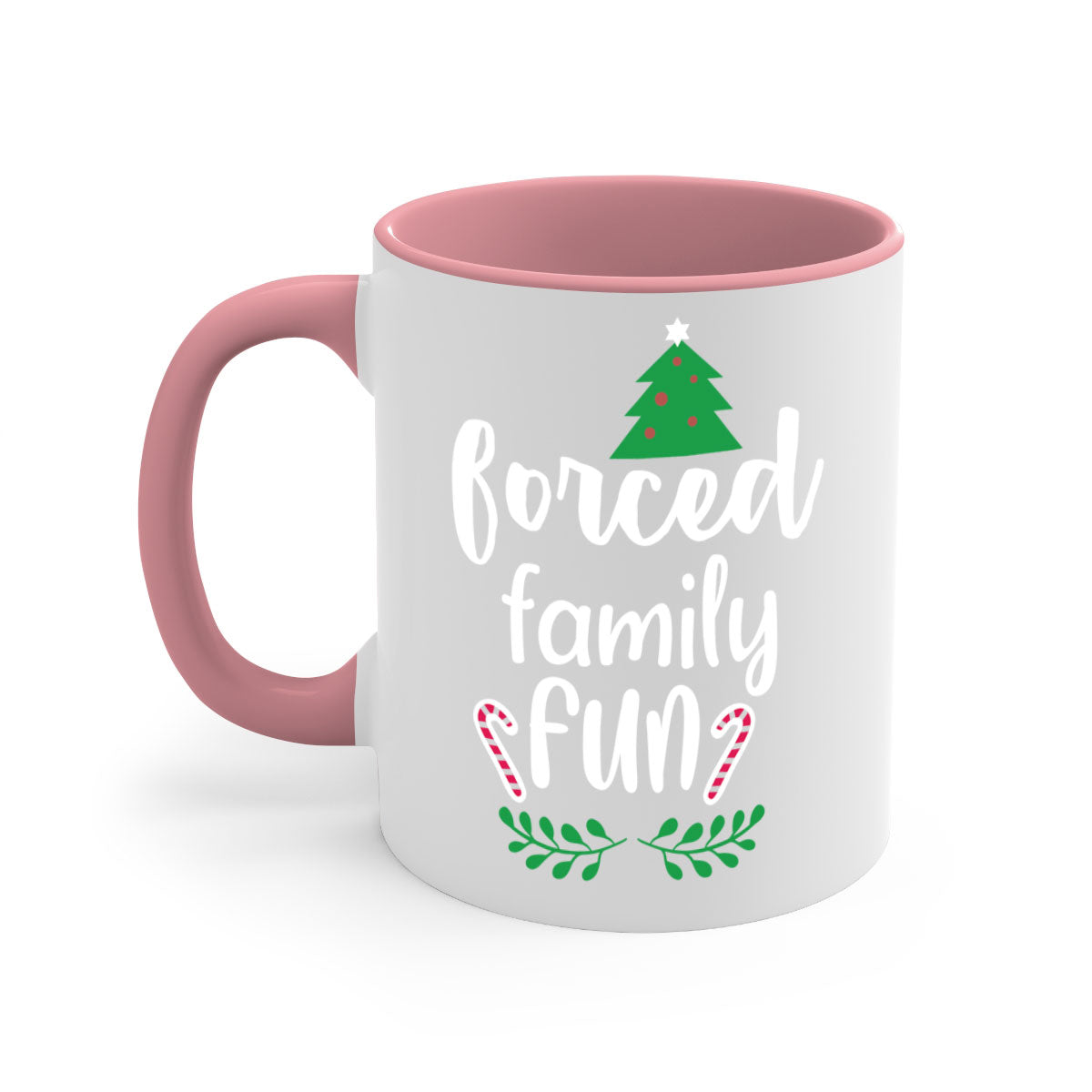 Forced Family Fun Style 213# Christmas Mug with colorful handle and glossy finish, perfect for coffee or tea.