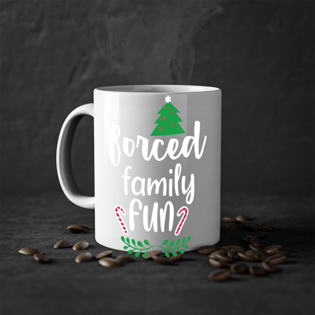 Forced Family Fun Style 213# Christmas Mug with colorful handle and glossy finish, perfect for coffee or tea.