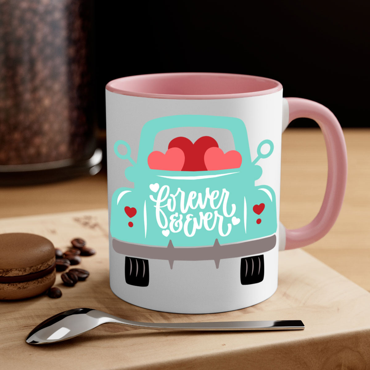 Forever Ever 27# Mug with colorful handle and glossy finish, available in multiple colors and sizes.