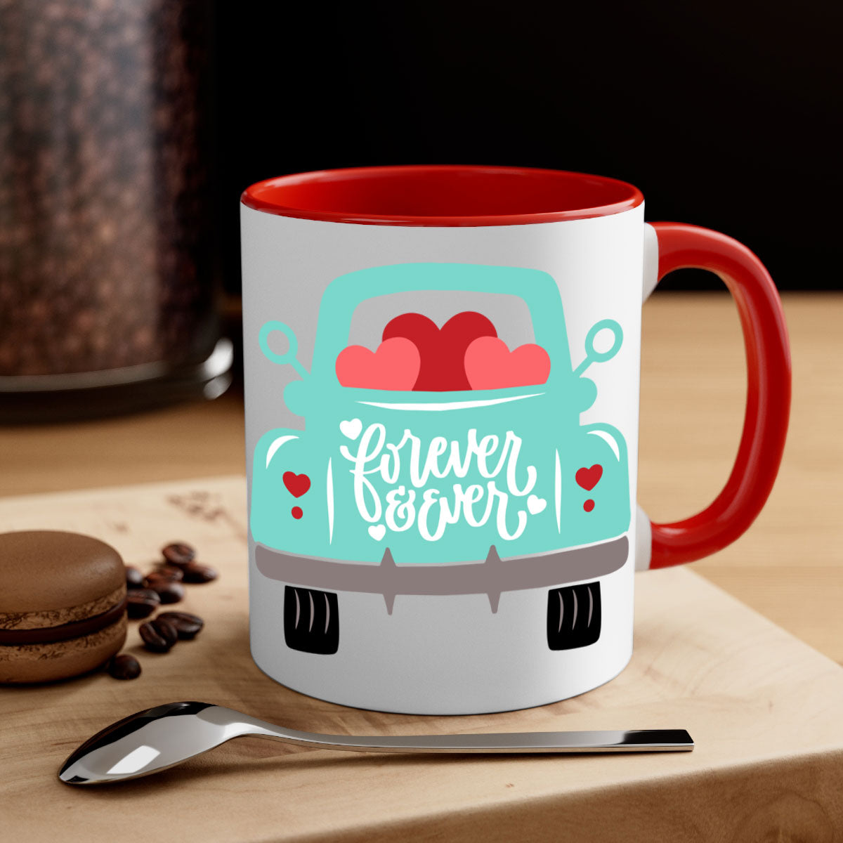 Forever Ever 27# Mug with colorful handle and glossy finish, available in multiple colors and sizes.