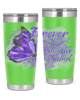 Forever In My Heart Alzheimer 20oz tumbler featuring double wall vacuum stainless steel design with a heartfelt message.
