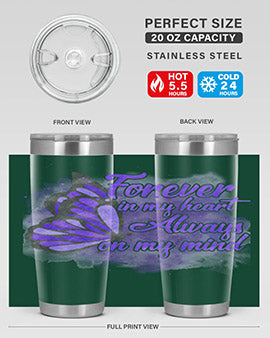 Forever In My Heart Alzheimer 20oz tumbler featuring double wall vacuum stainless steel design with a heartfelt message.