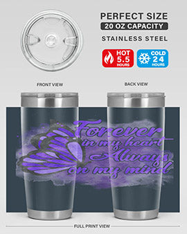 Forever In My Heart Alzheimer 20oz tumbler featuring double wall vacuum stainless steel design with a heartfelt message.