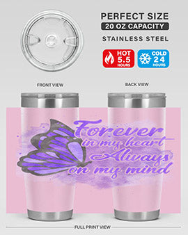 Forever In My Heart Alzheimer 20oz tumbler featuring double wall vacuum stainless steel design with a heartfelt message.