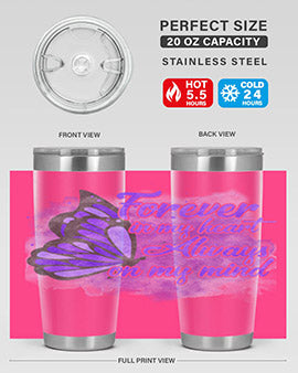 Forever In My Heart Alzheimer 20oz tumbler featuring double wall vacuum stainless steel design with a heartfelt message.