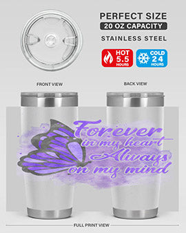 Forever In My Heart Alzheimer 20oz tumbler featuring double wall vacuum stainless steel design with a heartfelt message.