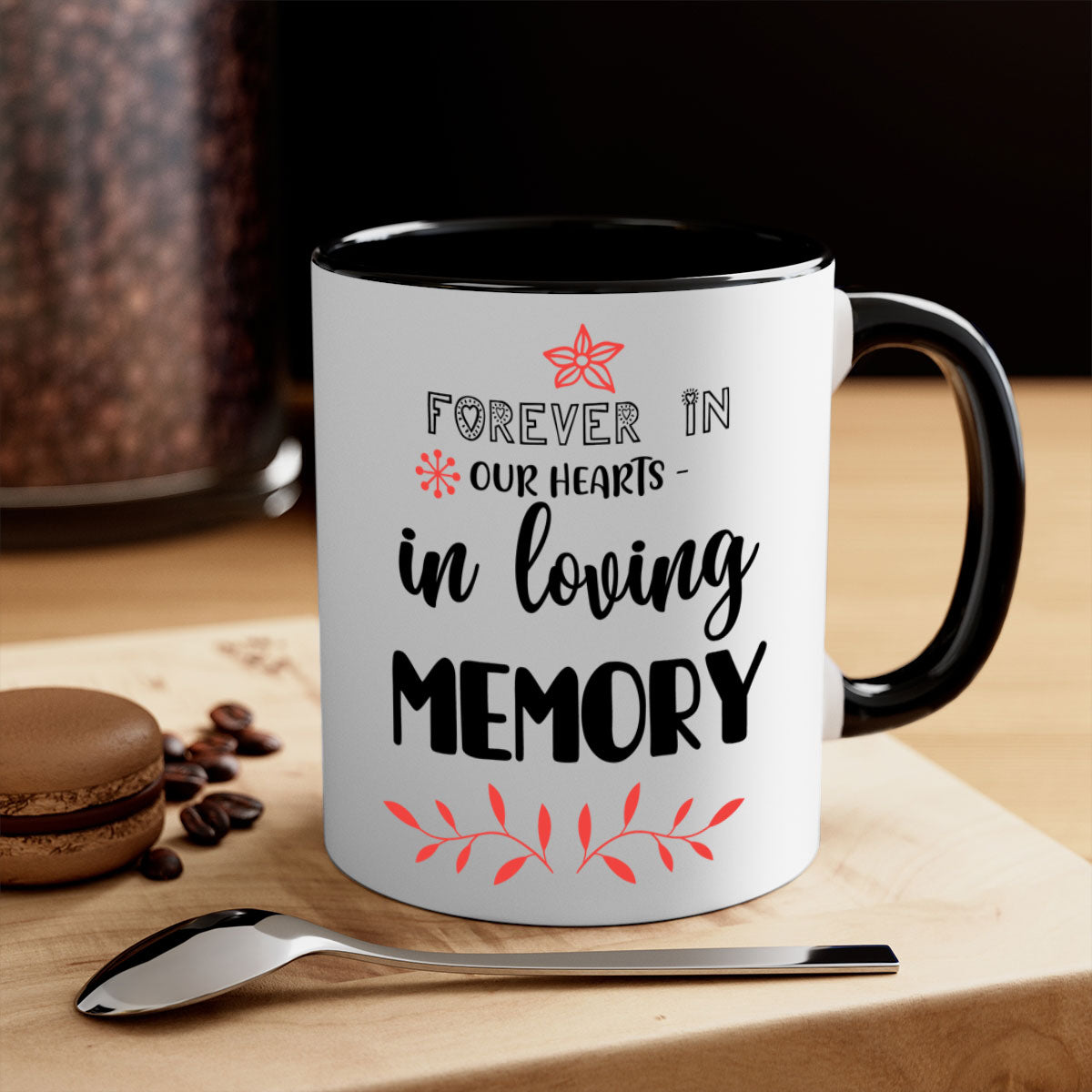 Forever in Our Hearts in Loving Memory Mug with two-tone design and colored handle, perfect for coffee or tea.