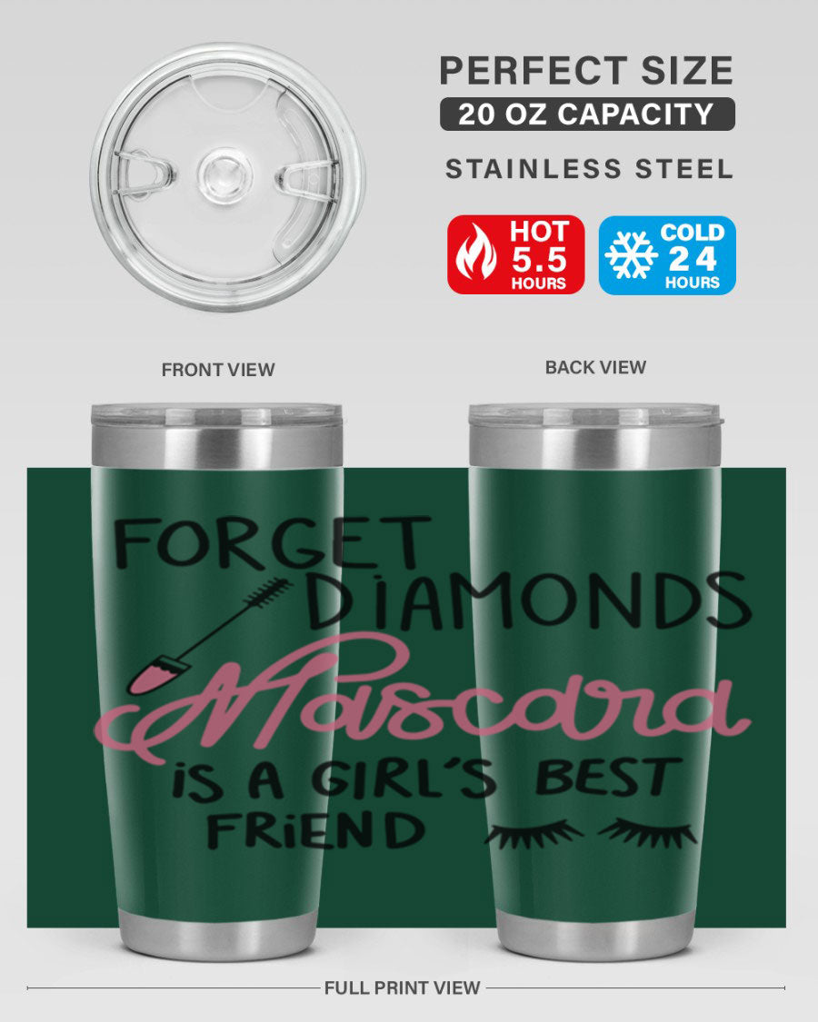 Forget Diamonds Mascara tumbler featuring a stylish design, double wall vacuum stainless steel, and a press-in drink-thru lid.