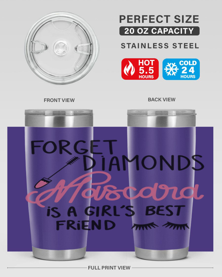 Forget Diamonds Mascara tumbler featuring a stylish design, double wall vacuum stainless steel, and a press-in drink-thru lid.