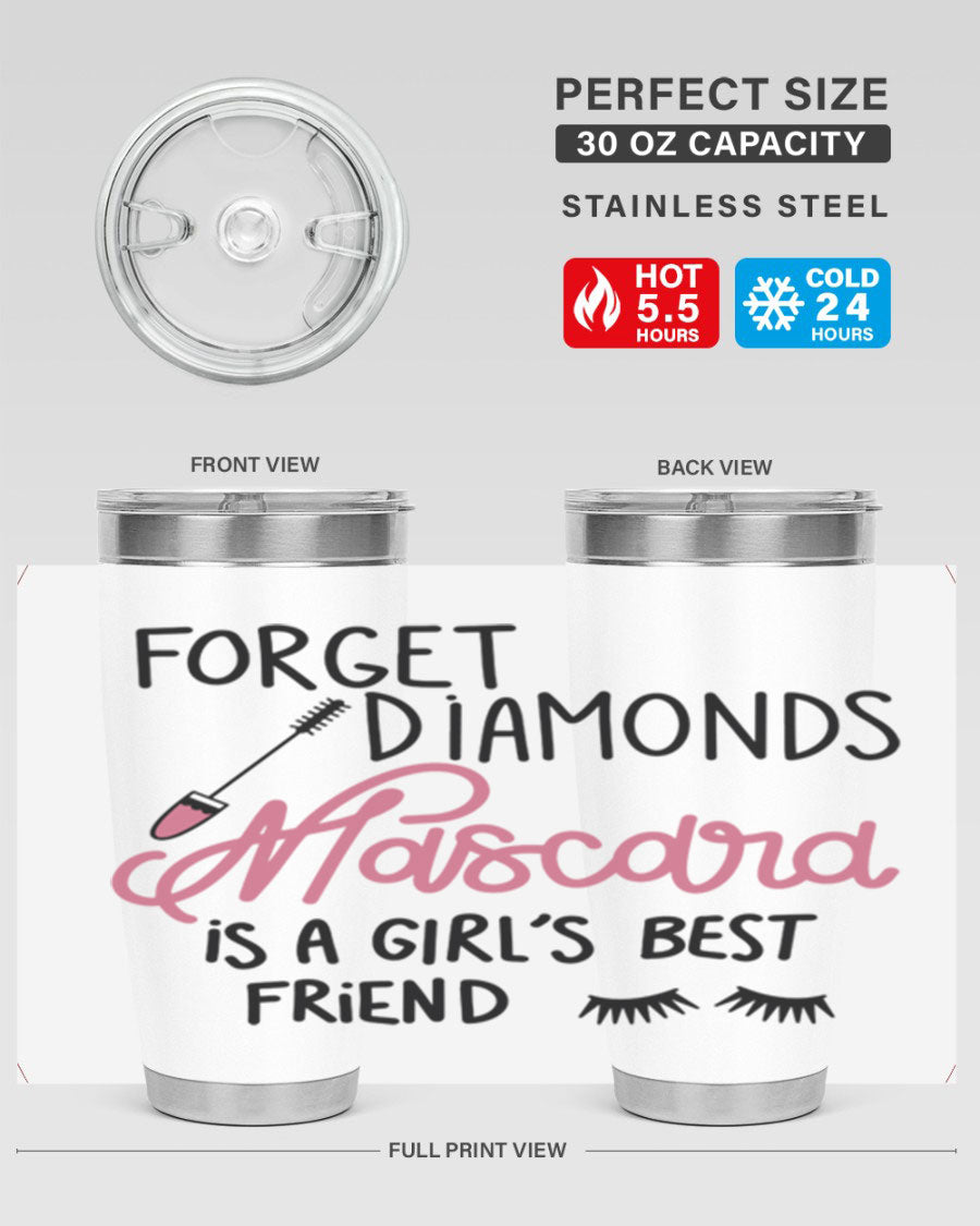 Forget Diamonds Mascara tumbler featuring a stylish design, double wall vacuum stainless steel, and a press-in drink-thru lid.