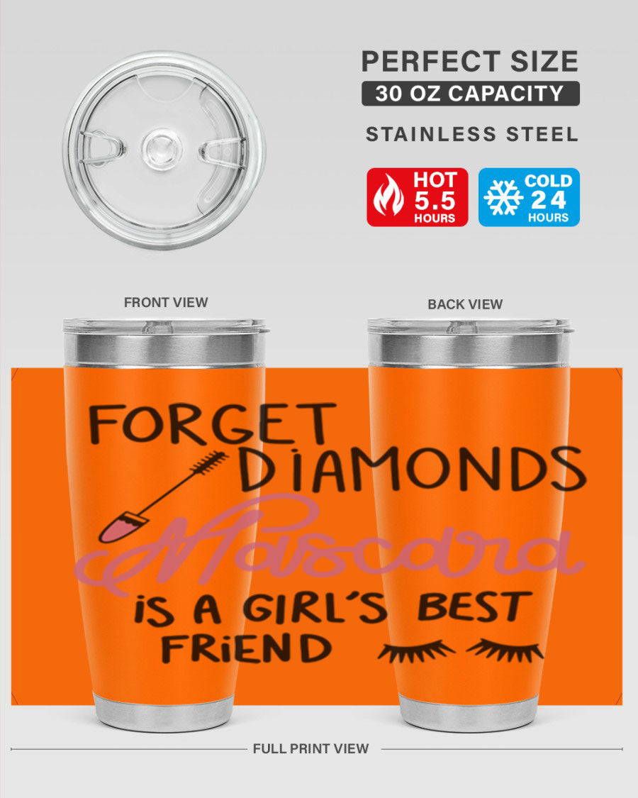 Forget Diamonds Mascara tumbler featuring a stylish design, double wall vacuum stainless steel, and a press-in drink-thru lid.