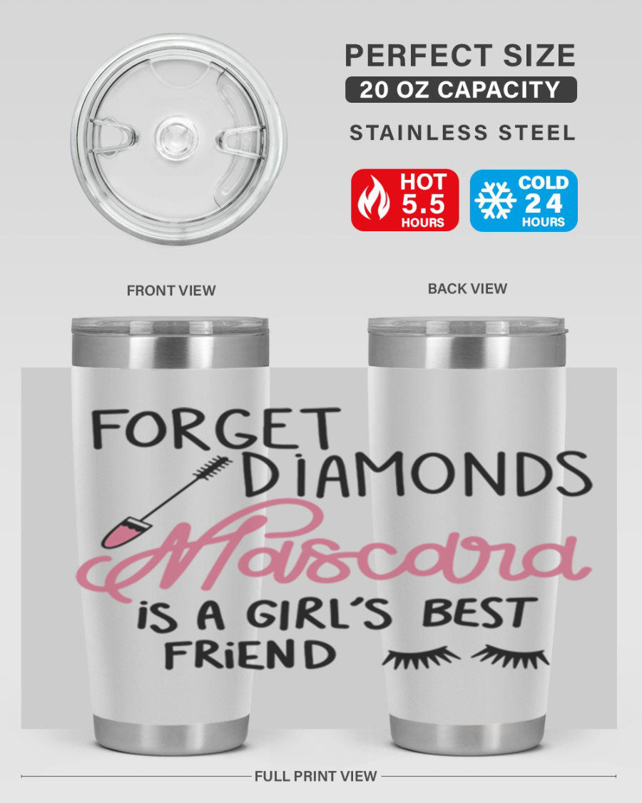 Forget Diamonds Mascara tumbler featuring a stylish design, double wall vacuum stainless steel, and a press-in drink-thru lid.