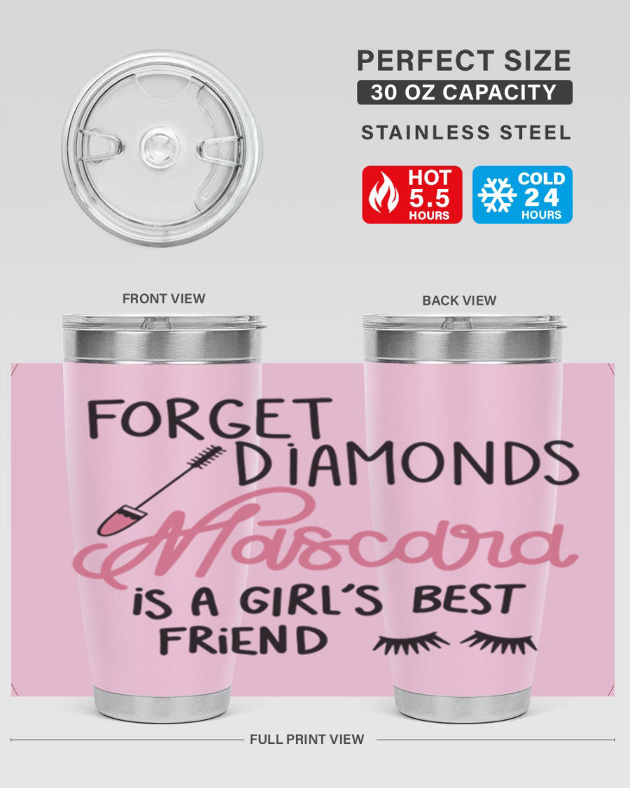 Forget Diamonds Mascara tumbler featuring a stylish design, double wall vacuum stainless steel, and a press-in drink-thru lid.
