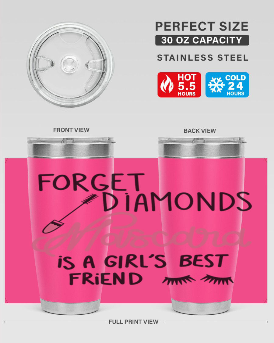 Forget Diamonds Mascara tumbler featuring a stylish design, double wall vacuum stainless steel, and a press-in drink-thru lid.