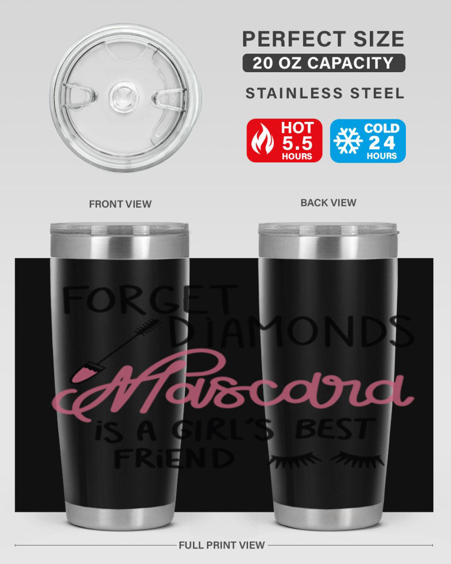 Forget Diamonds Mascara tumbler featuring a stylish design, double wall vacuum stainless steel, and a press-in drink-thru lid.