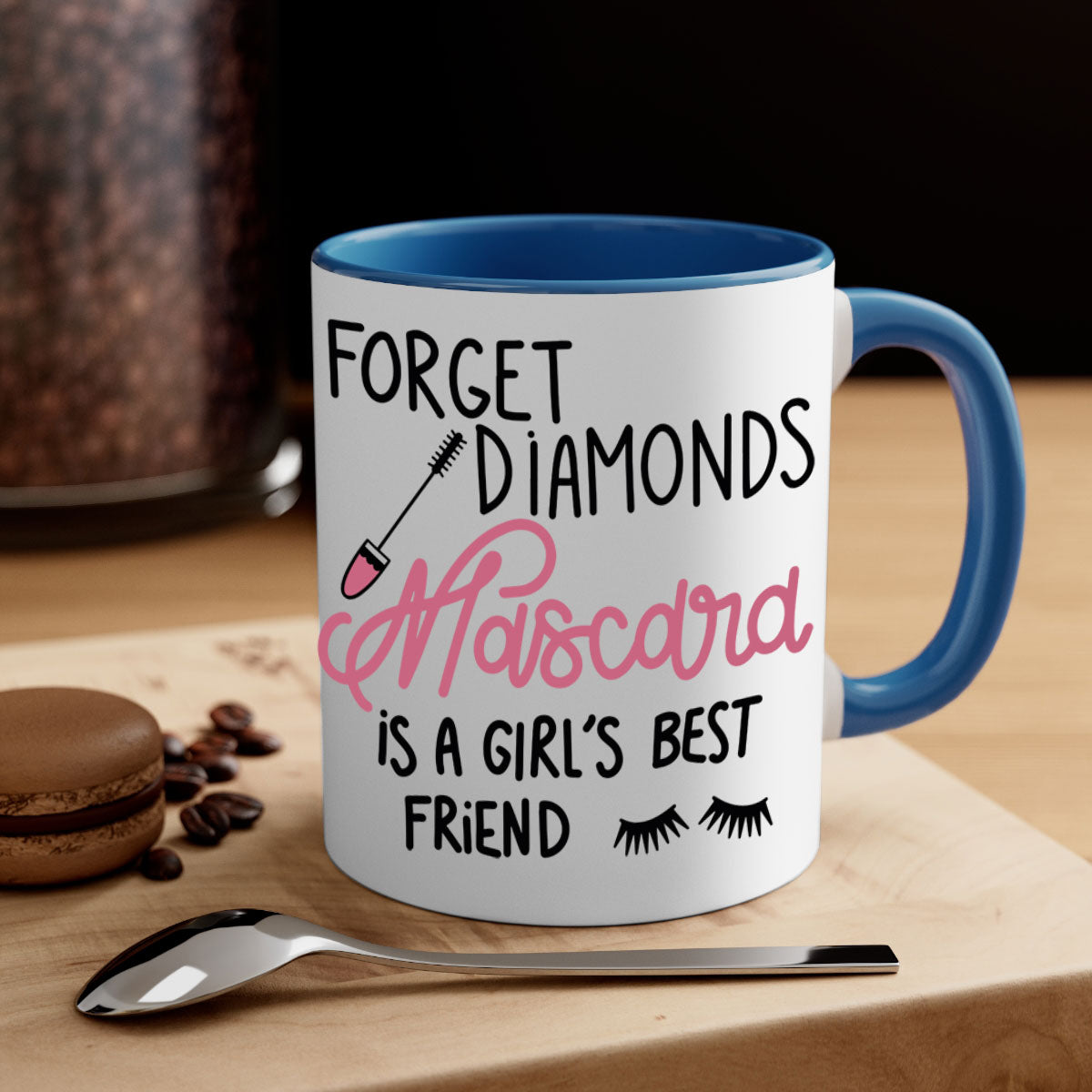 Forget Diamonds Mascara mug with colorful handle and glossy finish, available in multiple colors and sizes.
