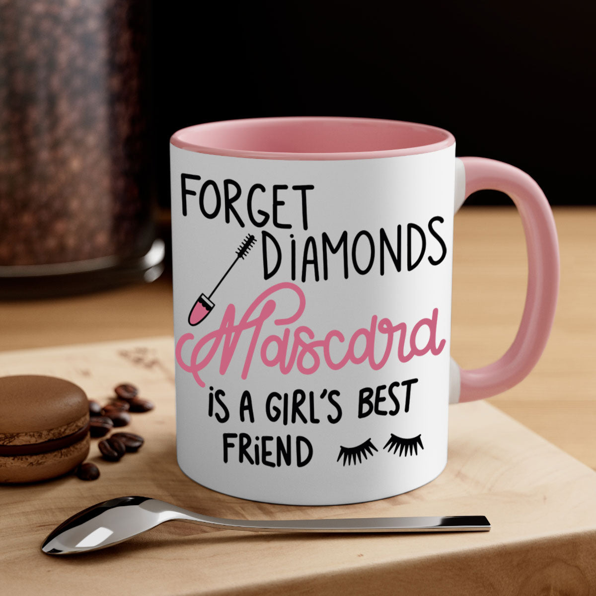 Forget Diamonds Mascara mug with colorful handle and glossy finish, available in multiple colors and sizes.