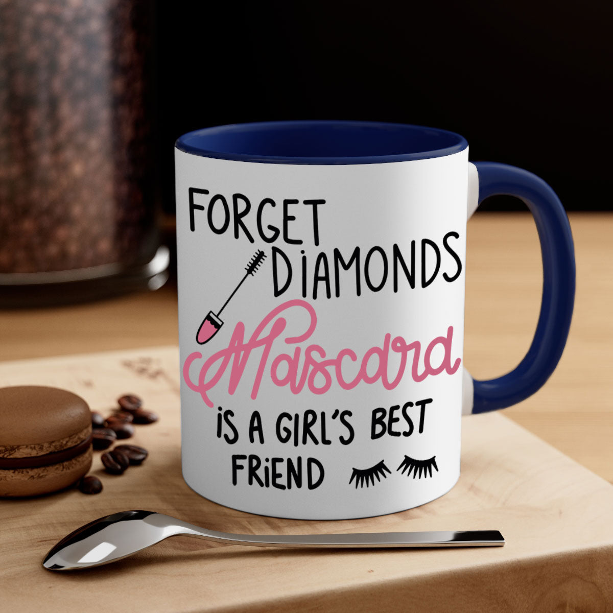 Forget Diamonds Mascara mug with colorful handle and glossy finish, available in multiple colors and sizes.