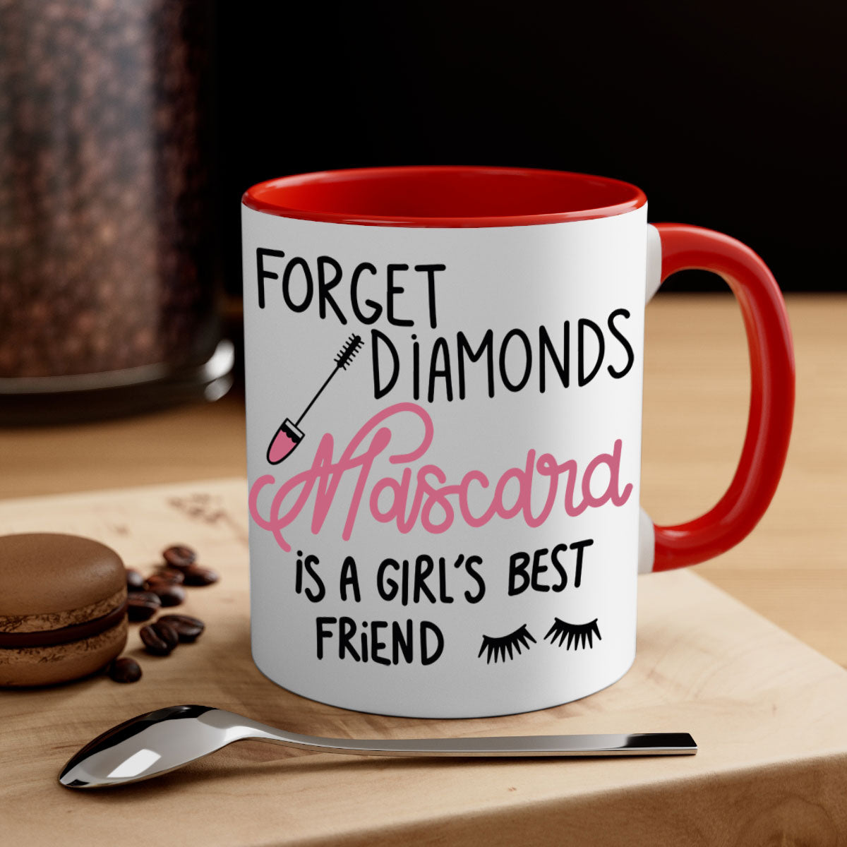 Forget Diamonds Mascara mug with colorful handle and glossy finish, available in multiple colors and sizes.