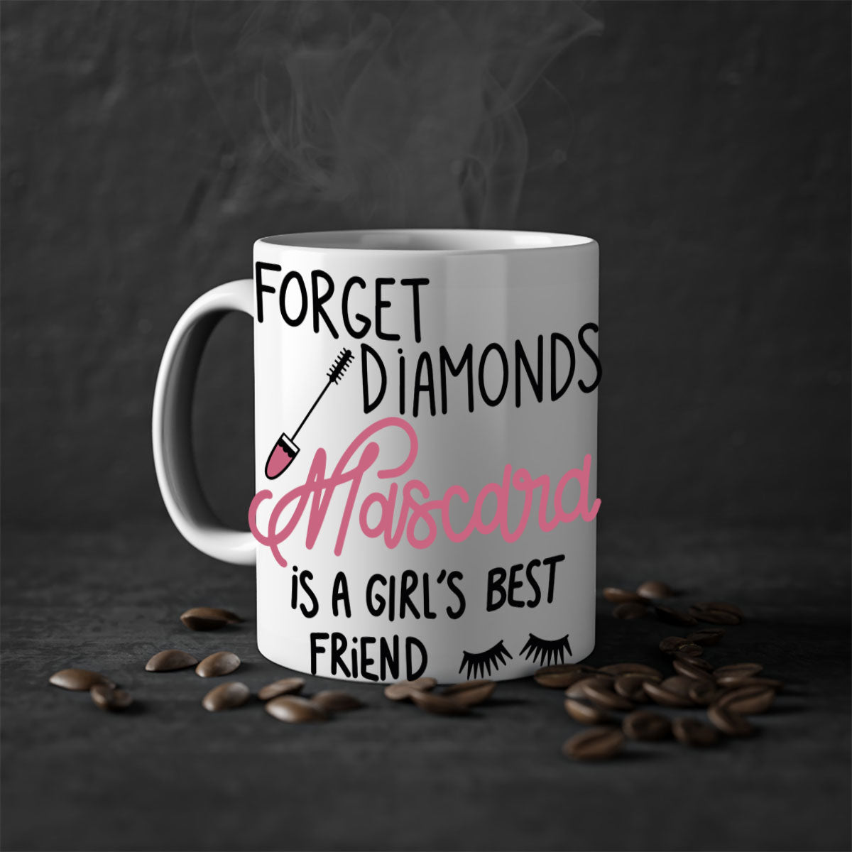 Forget Diamonds Mascara mug with colorful handle and glossy finish, available in multiple colors and sizes.