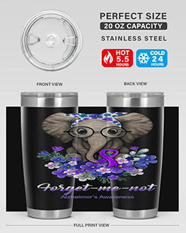 Forget Me Not Alzheimer's Awareness Elephant Flower Tumblers in 20oz and 30oz sizes, showcasing a beautiful floral design.