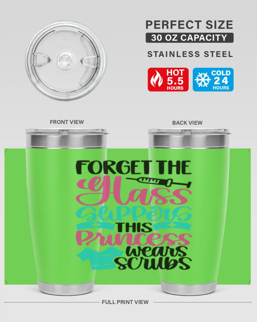 Forget Style Style 187# nurse tumbler in stainless steel with a drink-thru lid, showcasing its sleek design and vibrant print.