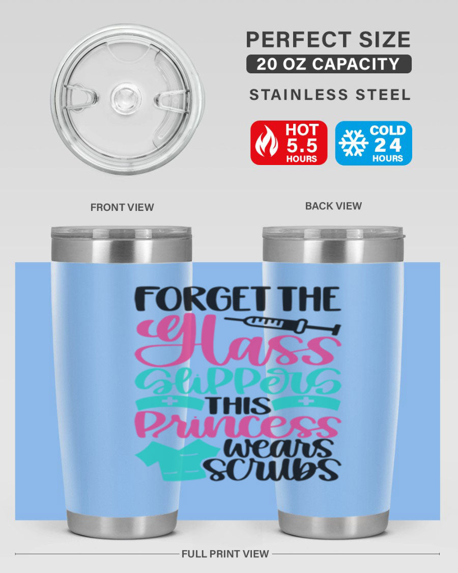 Forget Style Style 187# nurse tumbler in stainless steel with a drink-thru lid, showcasing its sleek design and vibrant print.