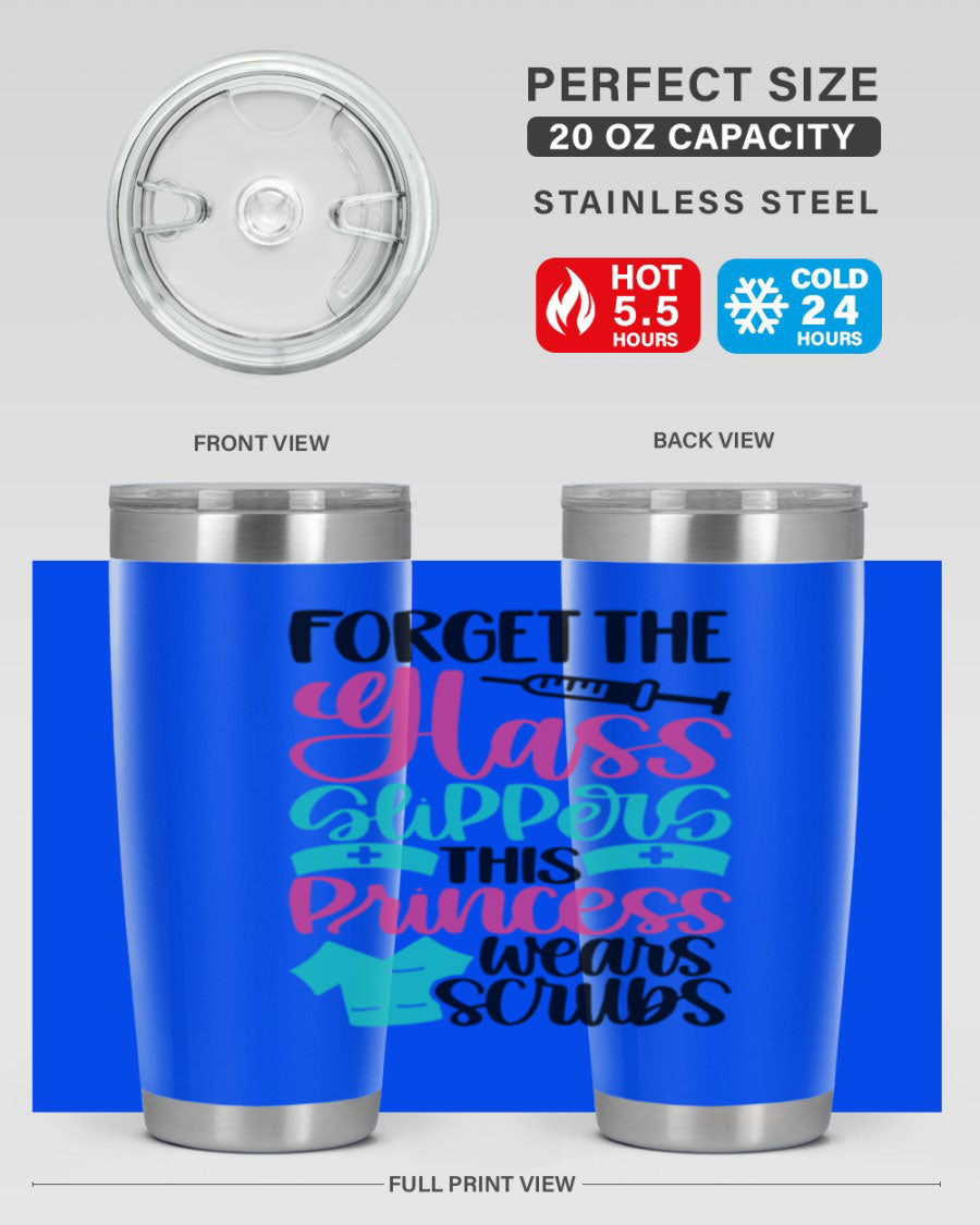 Forget Style Style 187# nurse tumbler in stainless steel with a drink-thru lid, showcasing its sleek design and vibrant print.