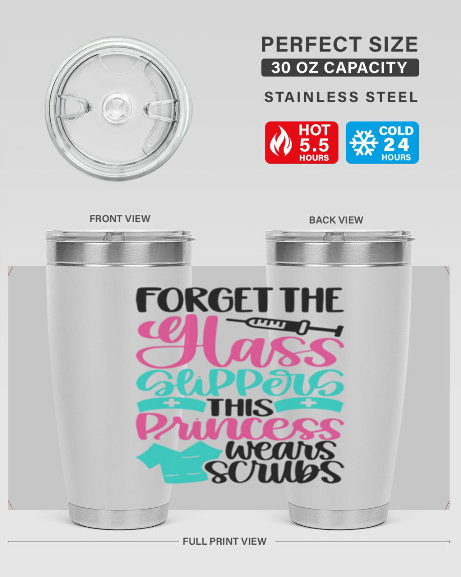 Forget Style Style 187# nurse tumbler in stainless steel with a drink-thru lid, showcasing its sleek design and vibrant print.