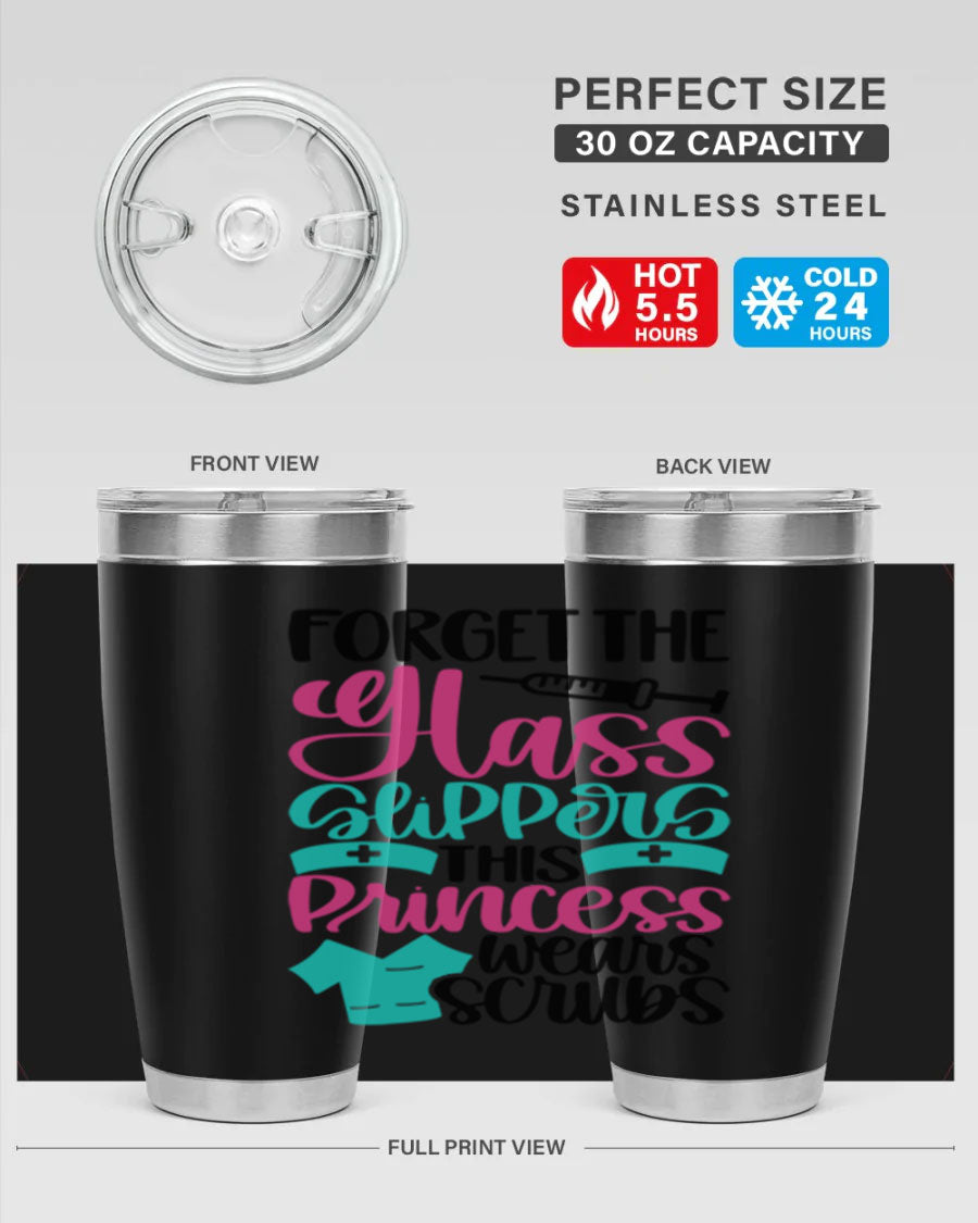 Forget Style Style 187# nurse tumbler in stainless steel with a drink-thru lid, showcasing its sleek design and vibrant print.