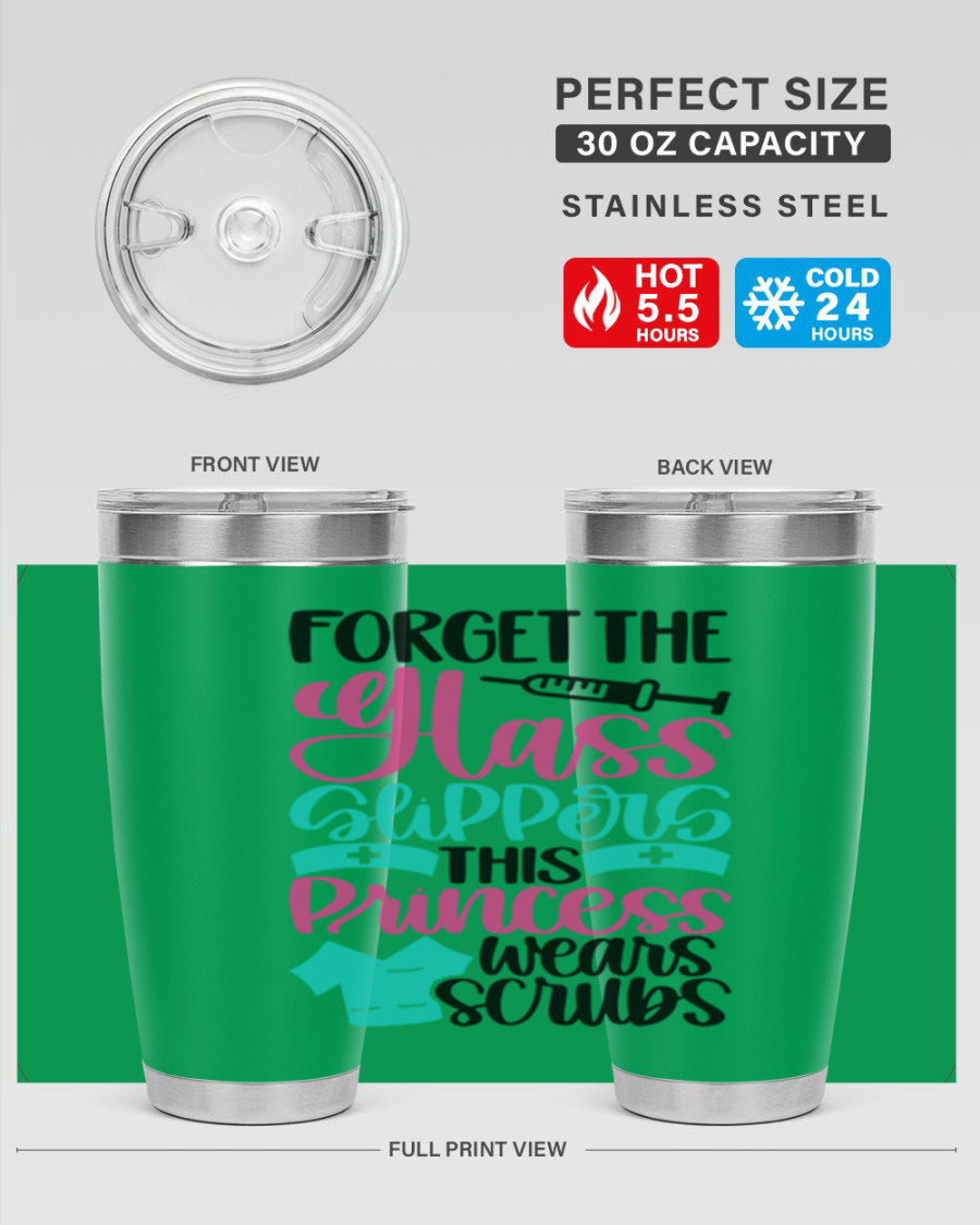 Forget Style Style 187# nurse tumbler in stainless steel with a drink-thru lid, showcasing its sleek design and vibrant print.