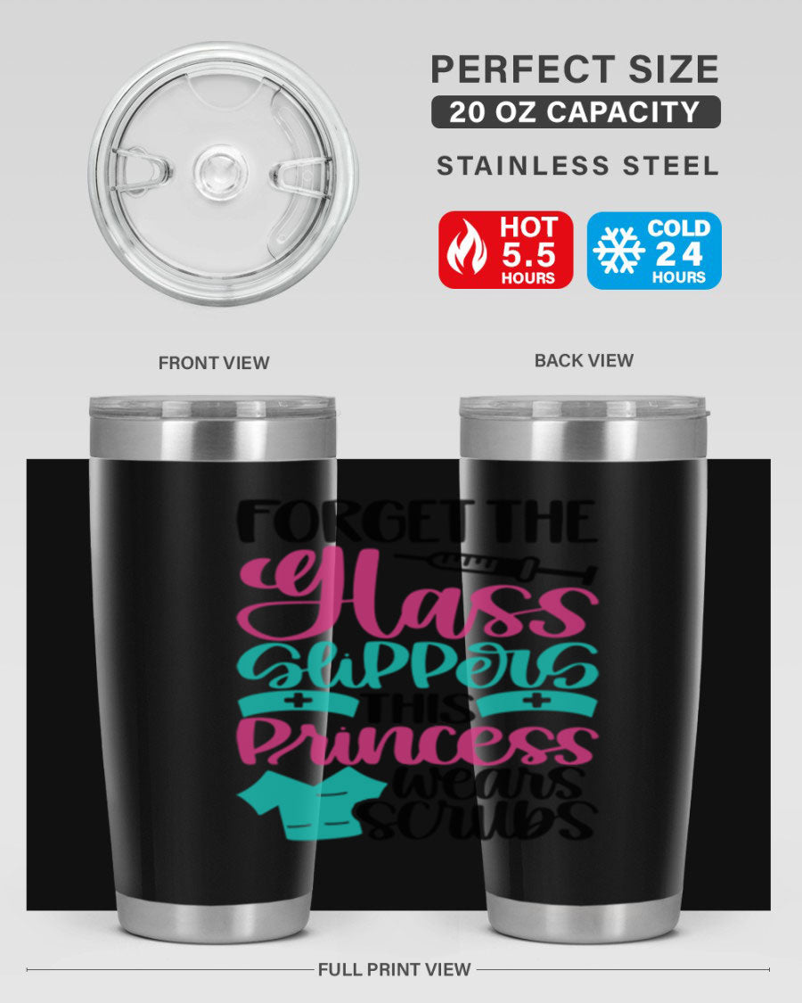 Forget Style Style 187# nurse tumbler in stainless steel with a drink-thru lid, showcasing its sleek design and vibrant print.
