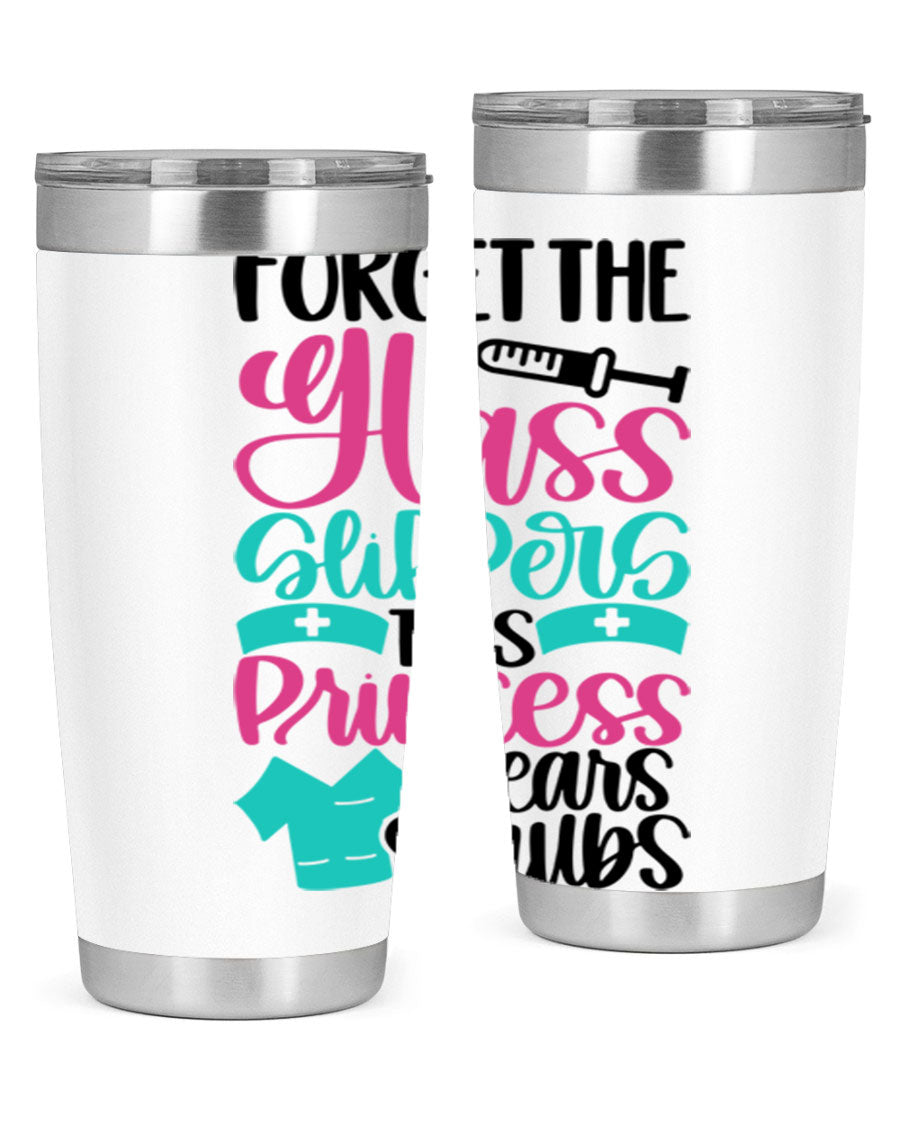 Forget Style Style 187# nurse tumbler in stainless steel with a drink-thru lid, showcasing its sleek design and vibrant print.