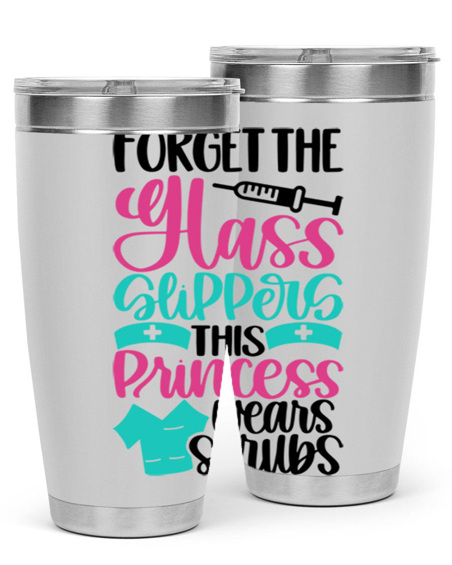 Forget Style Style 187# nurse tumbler in stainless steel with a drink-thru lid, showcasing its sleek design and vibrant print.