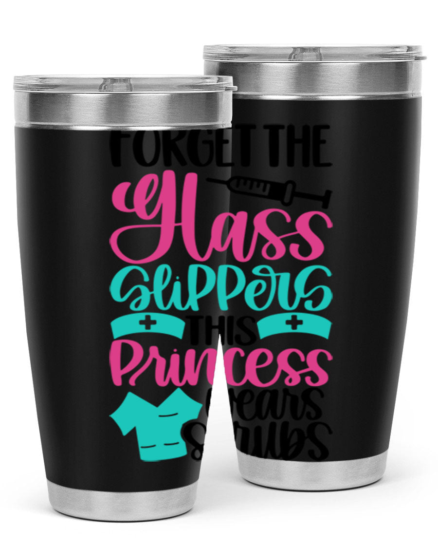 Forget Style Style 187# nurse tumbler in stainless steel with a drink-thru lid, showcasing its sleek design and vibrant print.