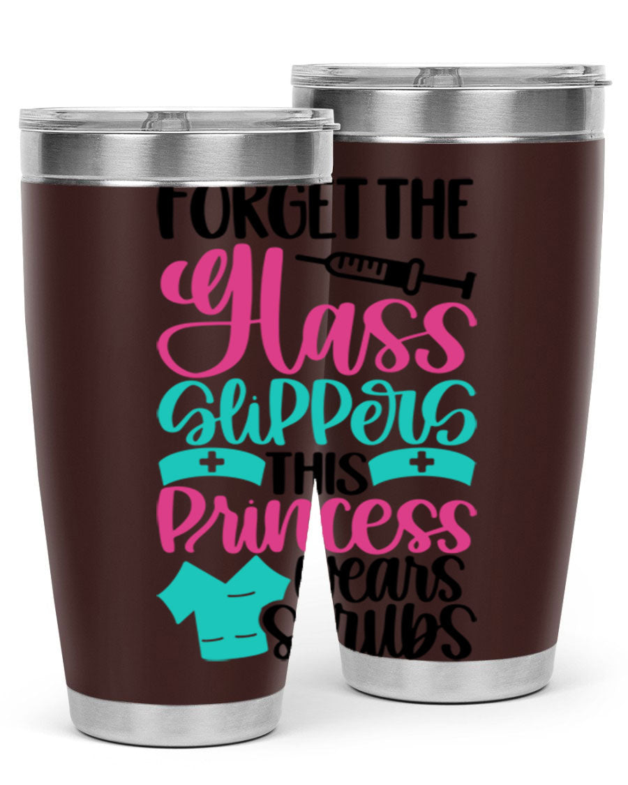 Forget Style Style 187# nurse tumbler in stainless steel with a drink-thru lid, showcasing its sleek design and vibrant print.