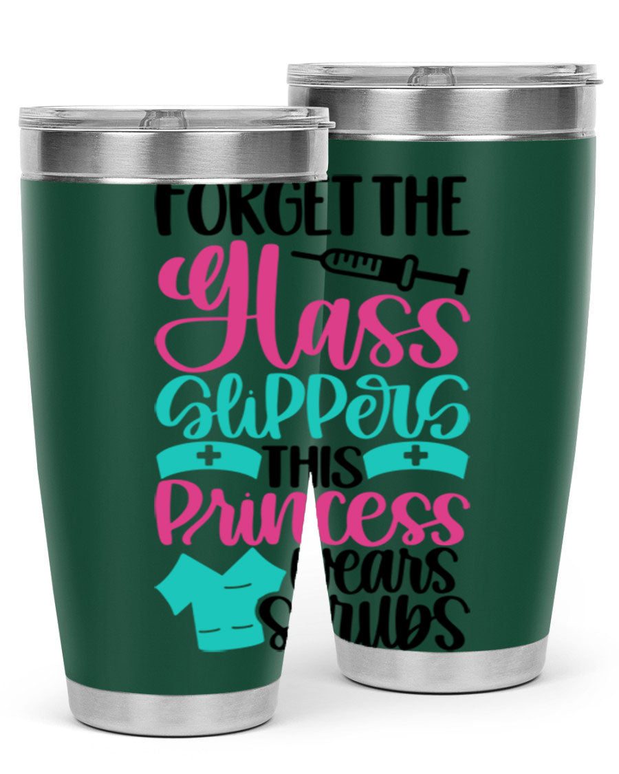 Forget Style Style 187# nurse tumbler in stainless steel with a drink-thru lid, showcasing its sleek design and vibrant print.