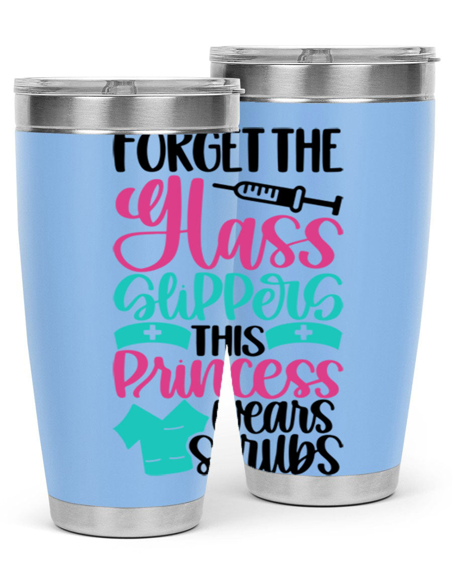 Forget Style Style 187# nurse tumbler in stainless steel with a drink-thru lid, showcasing its sleek design and vibrant print.