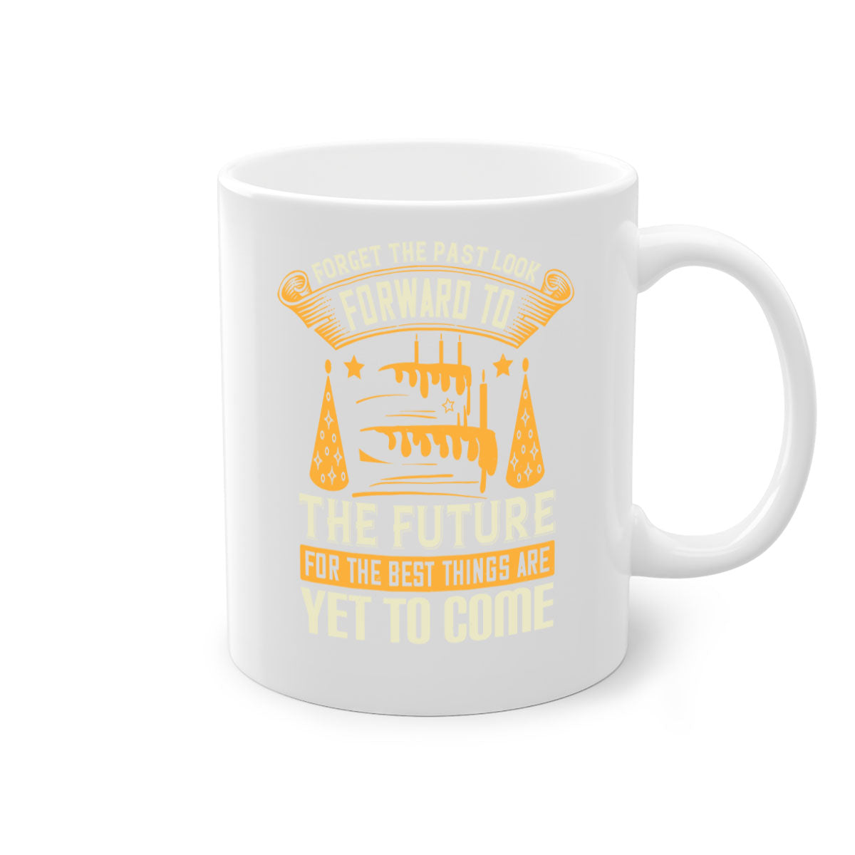 A stylish two-tone ceramic mug with a colored handle and interior, featuring the inspirational quote 'Forget the Past, Look Forward to the Future'.