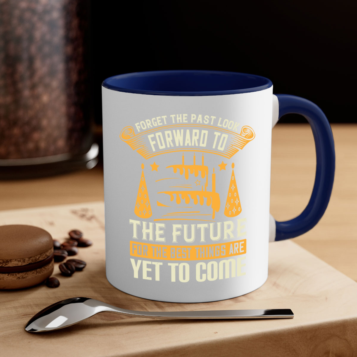 A stylish two-tone ceramic mug with a colored handle and interior, featuring the inspirational quote 'Forget the Past, Look Forward to the Future'.