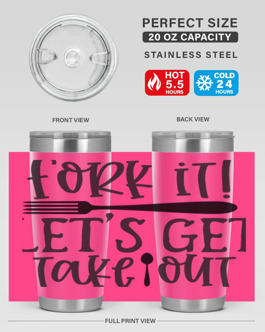 Fork It Let's Get Takeout 95# Kitchen Tumbler in stainless steel with a vibrant printed design, available in 20oz and 30oz sizes.