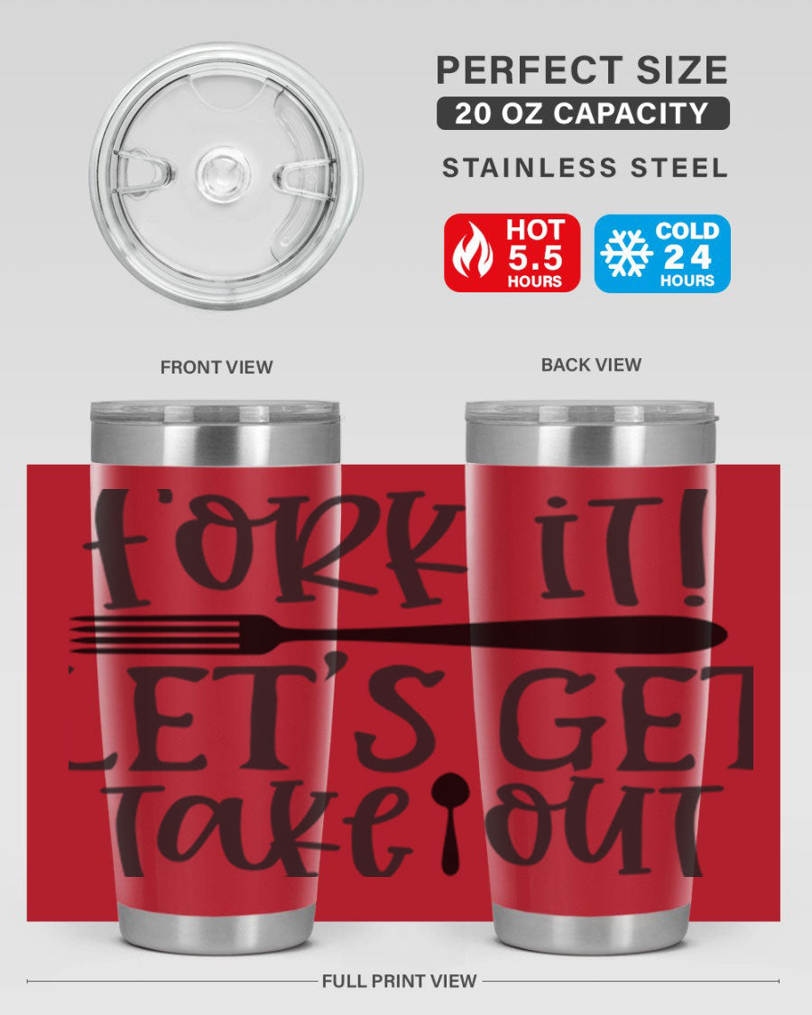Fork It Let's Get Takeout 95# Kitchen Tumbler in stainless steel with a vibrant printed design, available in 20oz and 30oz sizes.