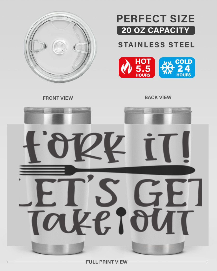 Fork It Let's Get Takeout 95# Kitchen Tumbler in stainless steel with a vibrant printed design, available in 20oz and 30oz sizes.