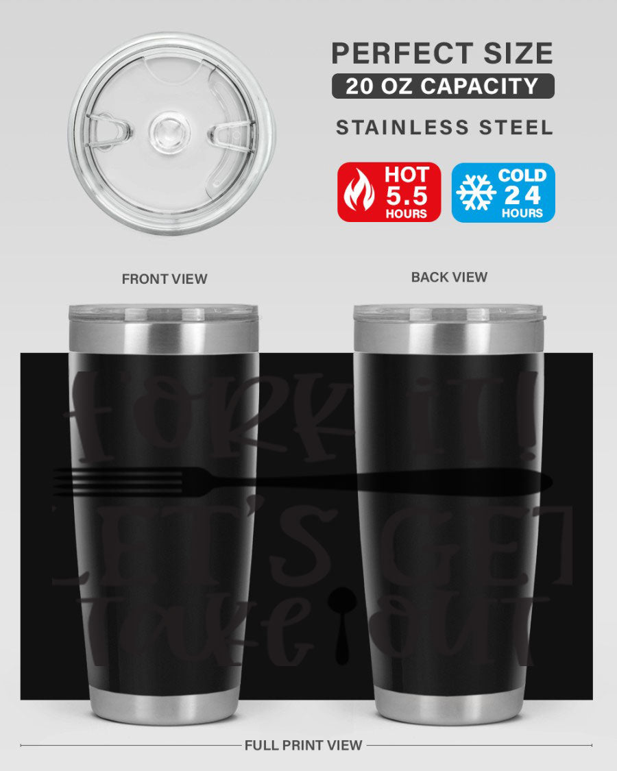 Fork It Let's Get Takeout 95# Kitchen Tumbler in stainless steel with a vibrant printed design, available in 20oz and 30oz sizes.
