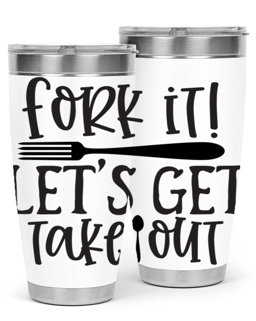 Fork It Let's Get Takeout 95# Kitchen Tumbler in stainless steel with a vibrant printed design, available in 20oz and 30oz sizes.