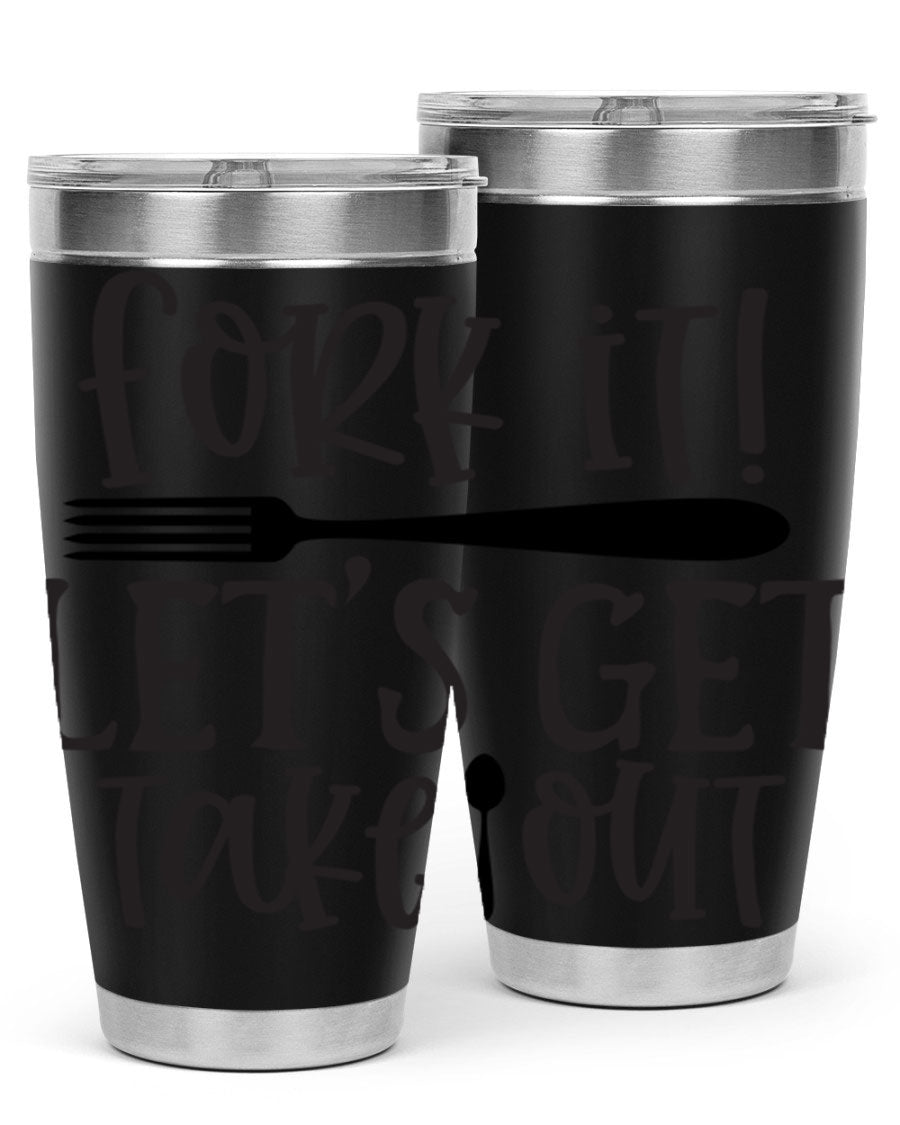 Fork It Let's Get Takeout 95# Kitchen Tumbler in stainless steel with a vibrant printed design, available in 20oz and 30oz sizes.
